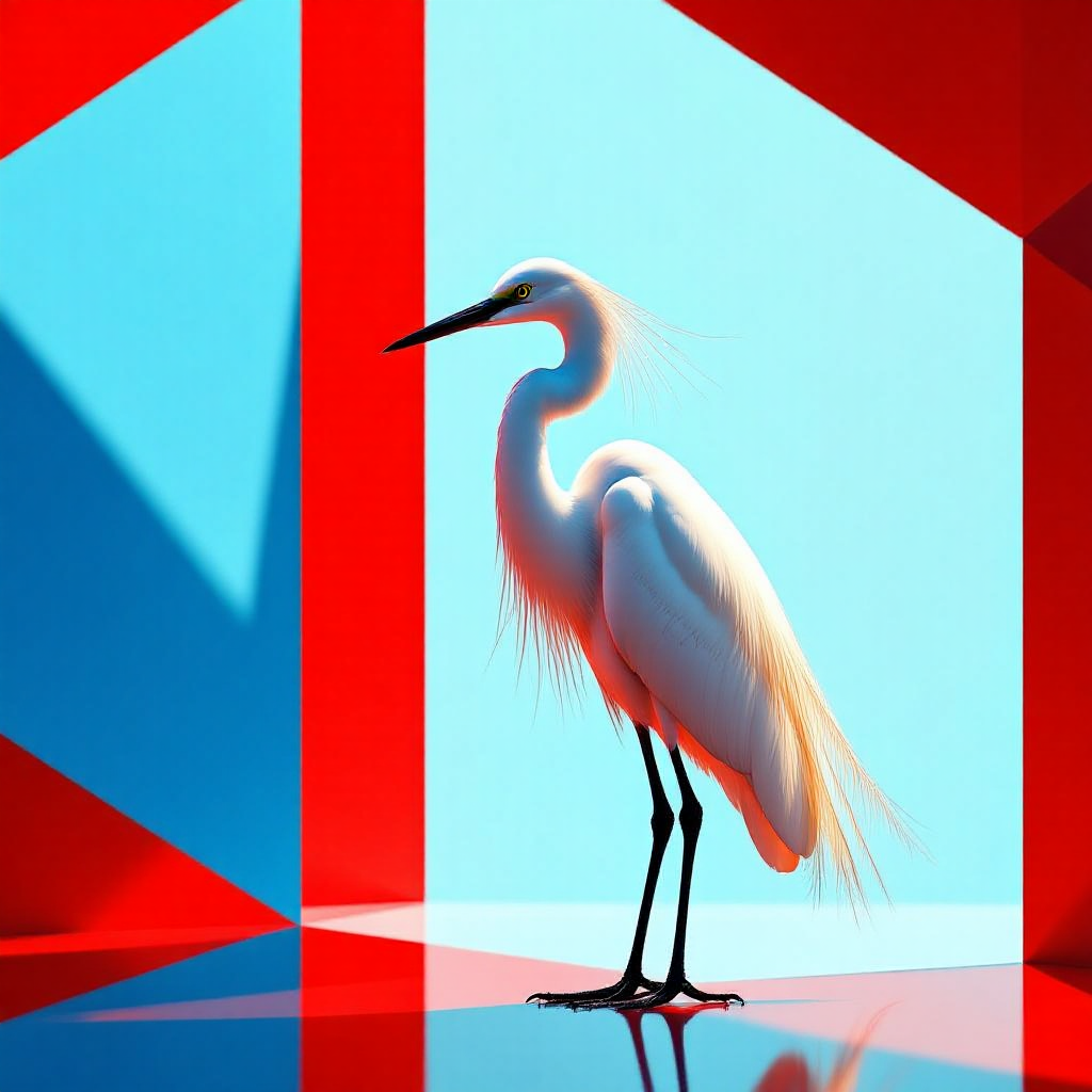 HiDream-full-fp8 AI generated artwork comparison - A graceful egret standing in a red and blue geometric space, full body shot, photorealistic, the bir...