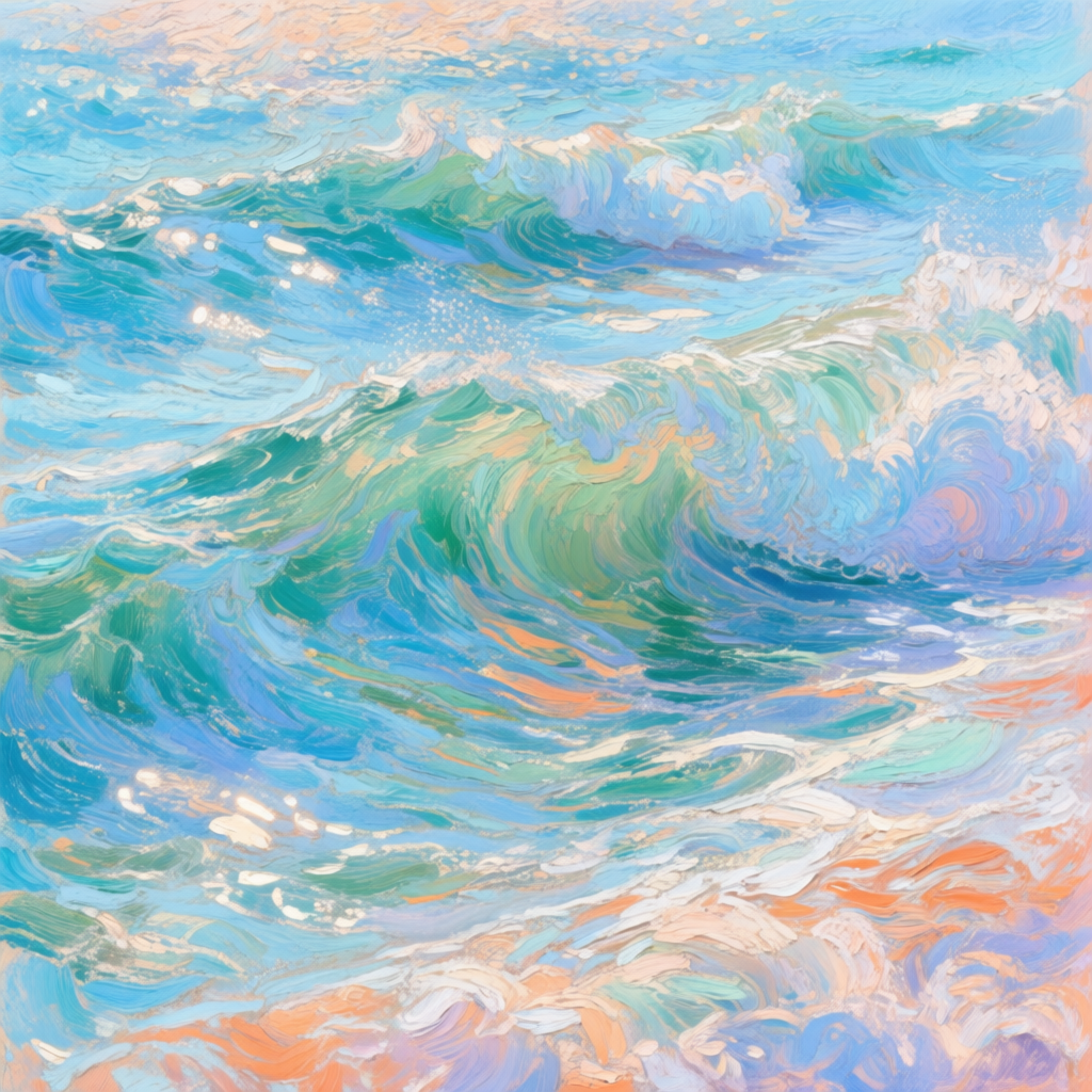 Qwen-Image AI generated artwork comparison - An impressionist painting of ocean waves, the colors vibrant and swirling in a dynamic mix of blues,...