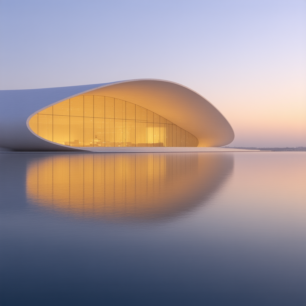 Stable-Diffusion-3.5 AI generated artwork comparison - A modern building with a white curved roof, its interior bathed in warm yellow lighting, full scene ...