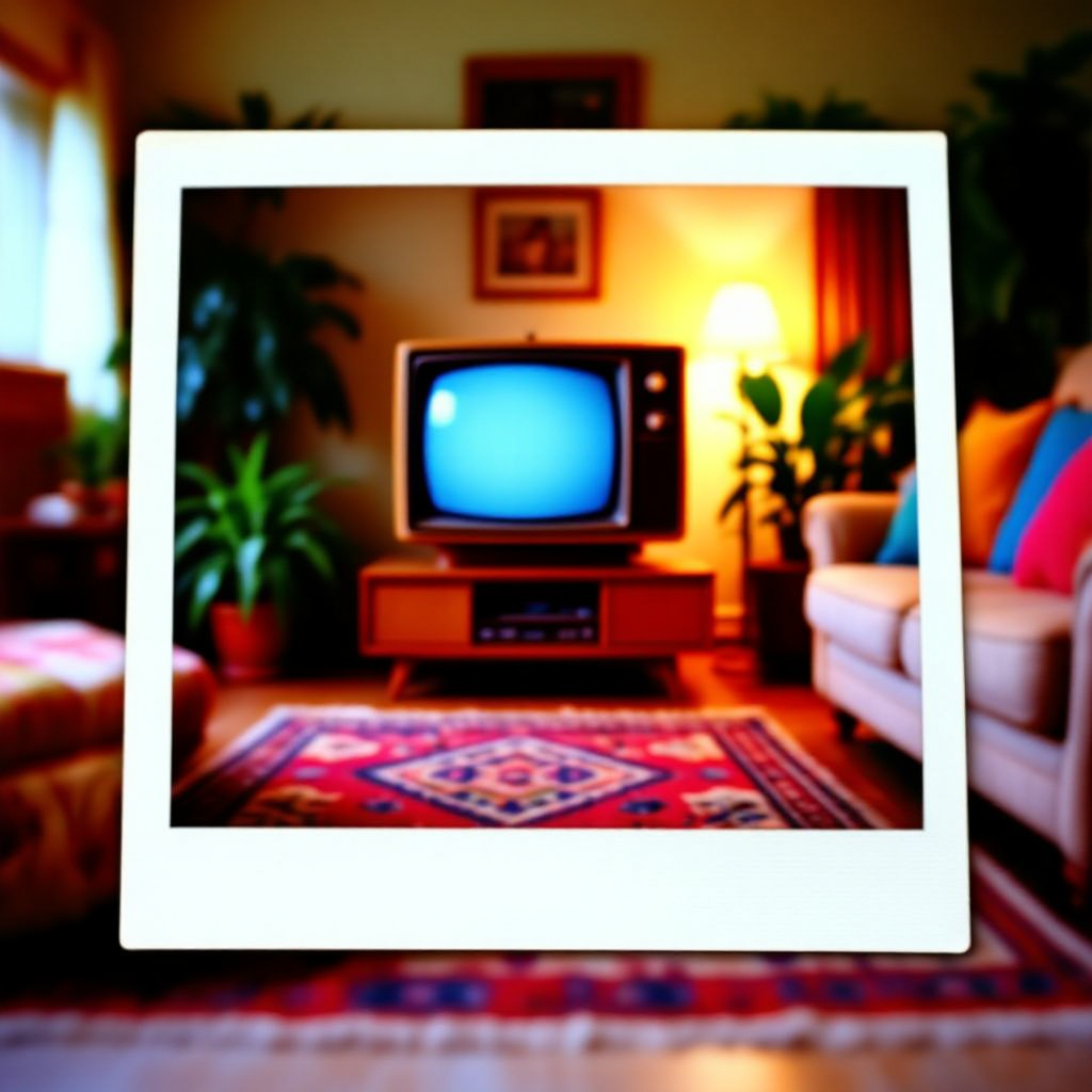 HiDream-full-fp8 AI generated artwork comparison - A blurry Polaroid photo capturing a scene in the 1980s. The photo features a cozy living room with a...