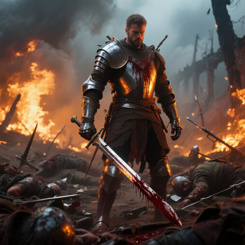 Qwen-Image AI generated artwork comparison - A warrior stands amidst the burning ruins of a battlefield, firelight reflecting off the metallic te...