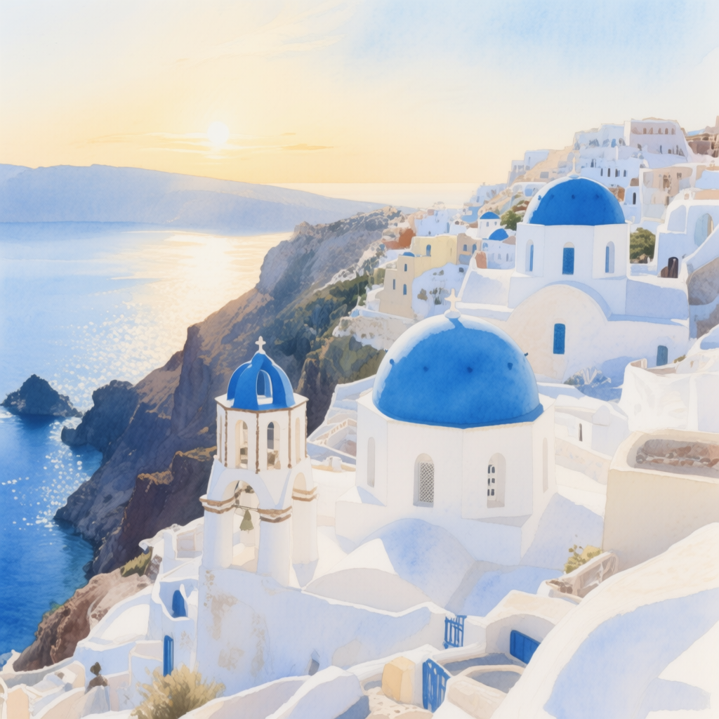 Qwen-Image AI generated artwork comparison - A watercolor painting of Santorini, capturing the iconic white-washed buildings with blue domes perc...