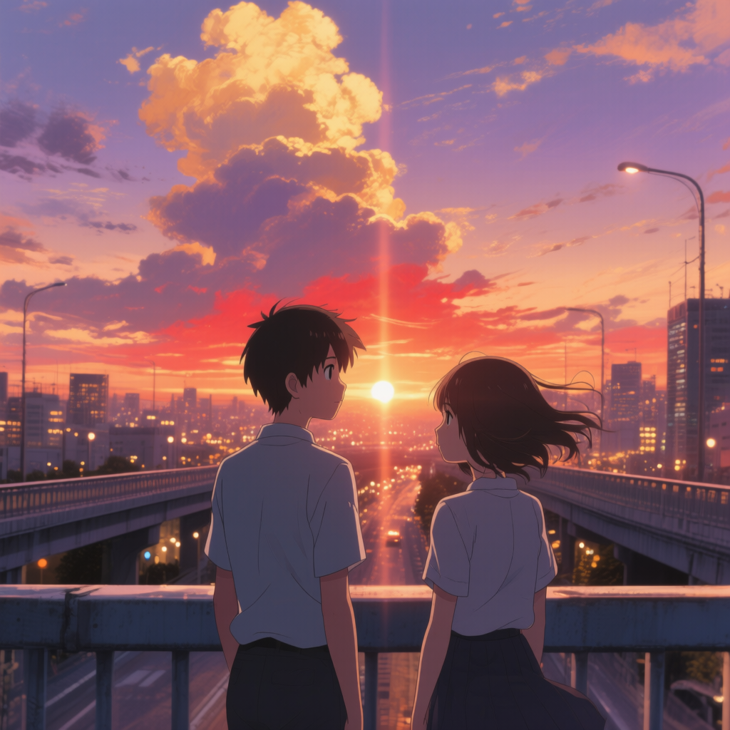 Qwen-Image AI generated artwork comparison - At sunset, a teenage boy and girl stand on a city overpass, a gentle breeze flowing past them. Behin...