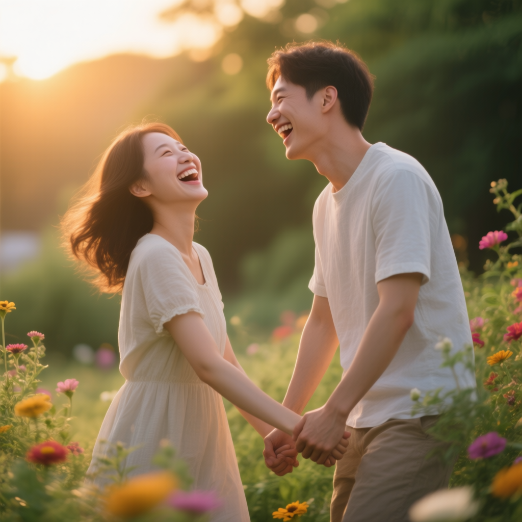 Qwen-Image AI generated artwork comparison - A happy couple in mid-close-up, holding hands and laughing joyfully, their faces radiating happiness...