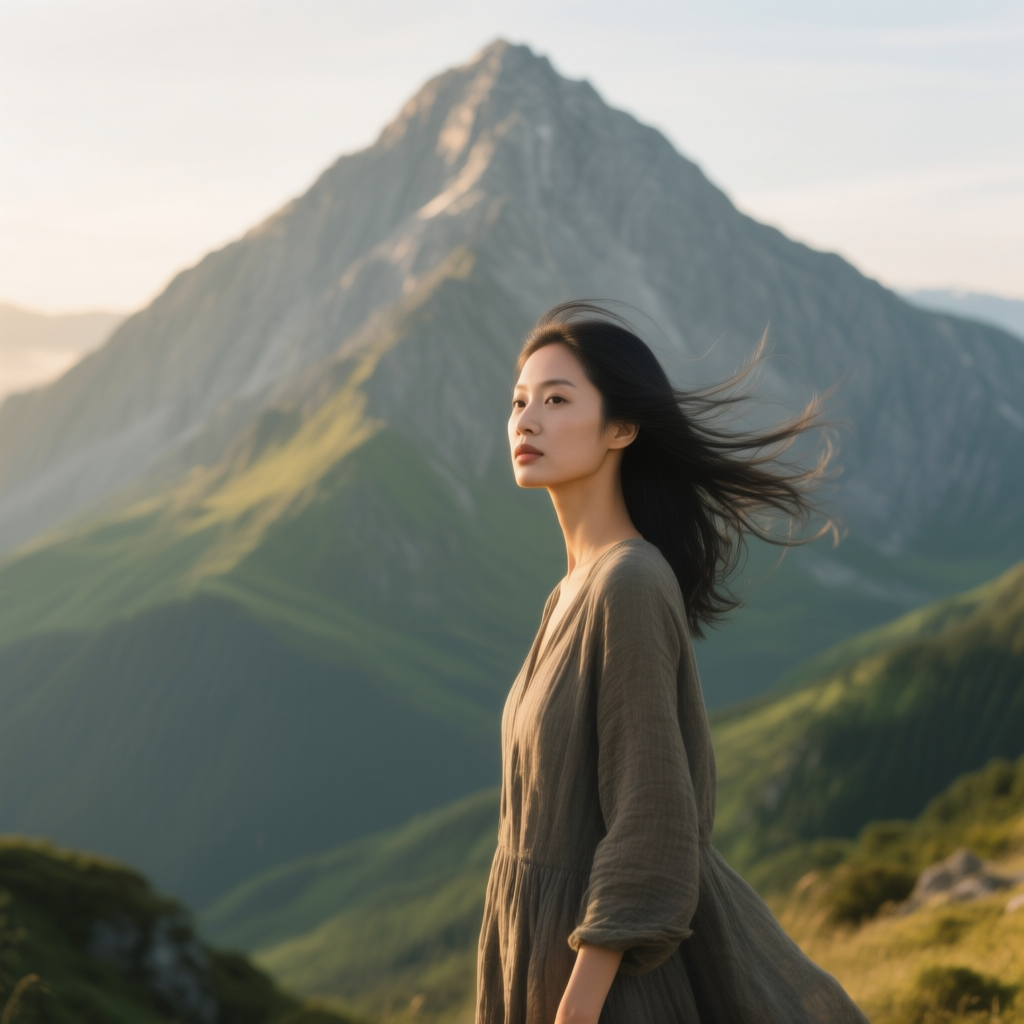 Qwen-Image AI generated artwork comparison - An Asian woman standing confidently in front of a towering mountain peak, her hair blowing in the wi...
