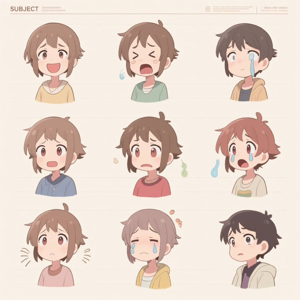 Qwen-Image AI generated artwork comparison - An anime [SUBJECT], animated expression reference sheet, character design, reference sheet, turnarou...