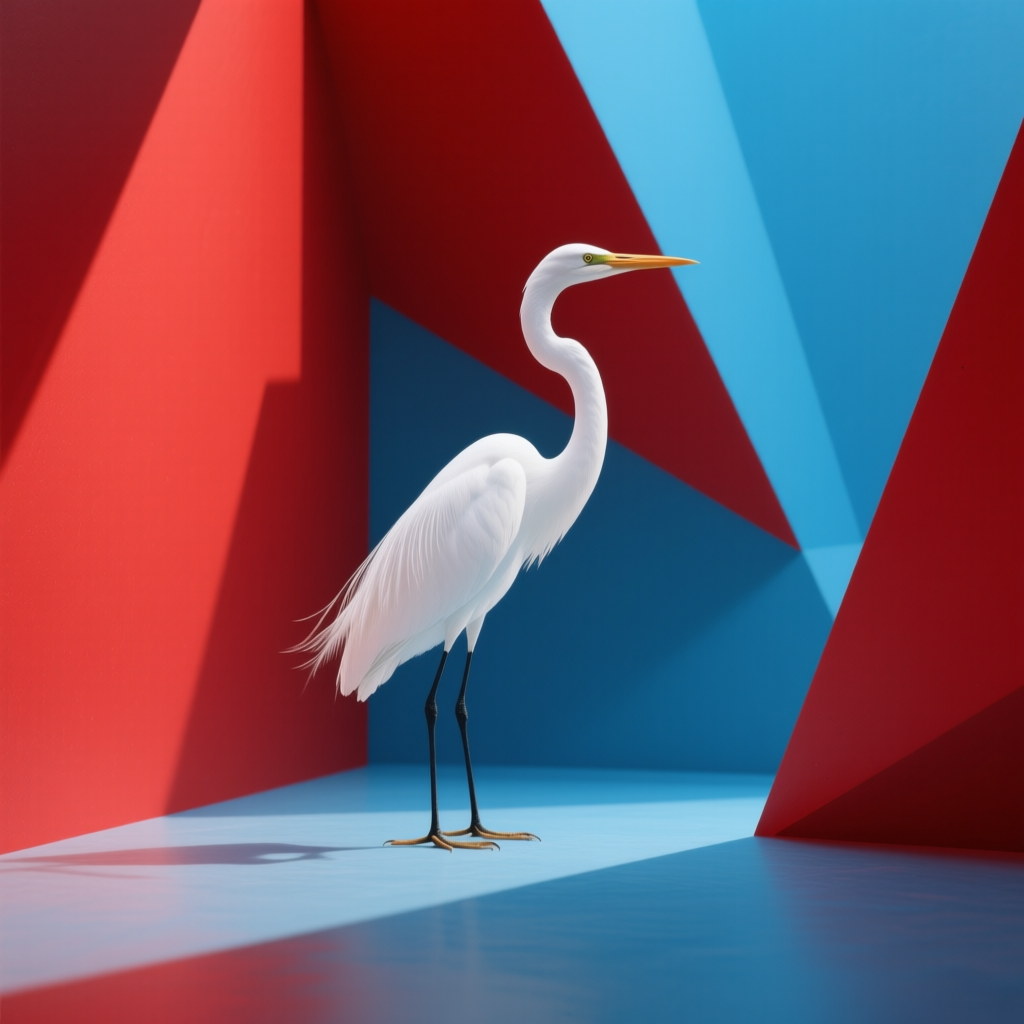Qwen-Image AI generated artwork comparison - A graceful egret standing in a red and blue geometric space, full body shot, photorealistic, the bir...