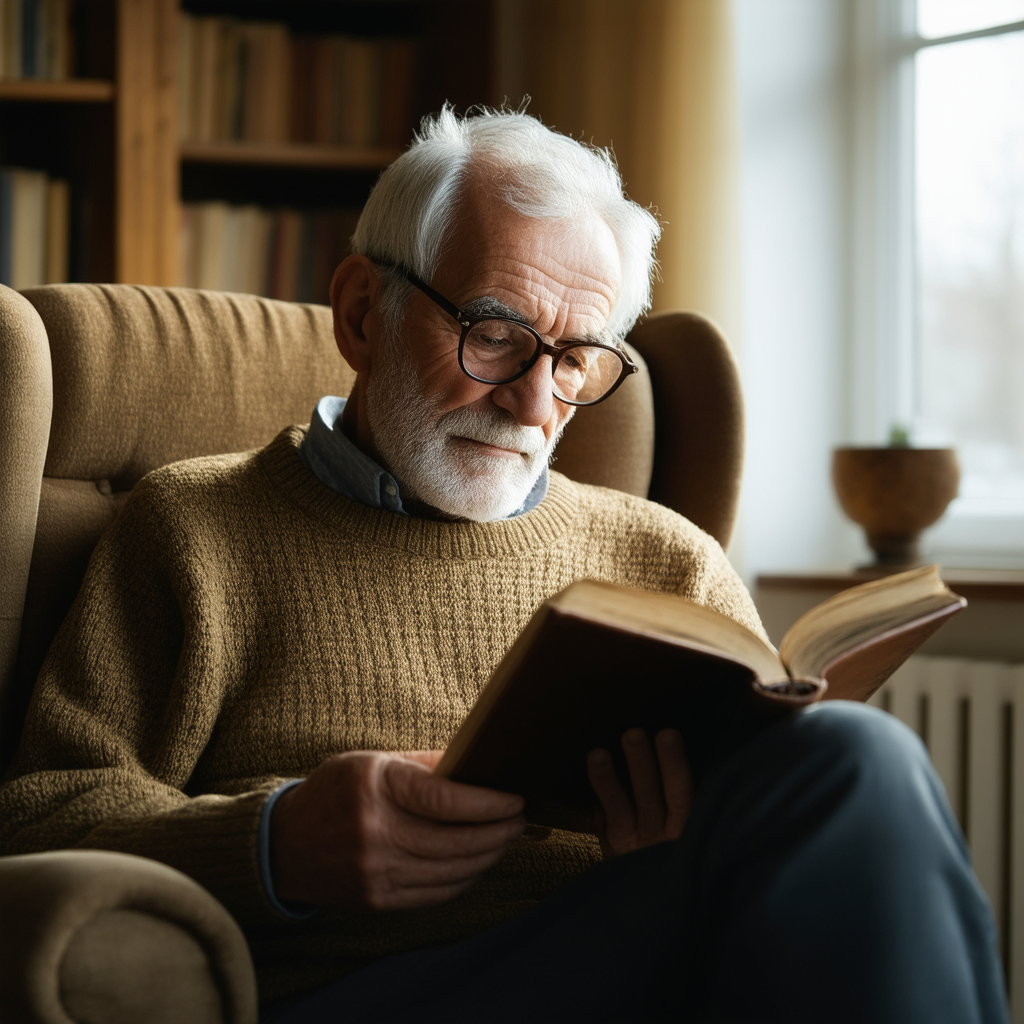 Stable-Diffusion-3.5 AI generated artwork comparison - An elderly man with glasses, sitting comfortably in a cozy armchair, reading a book with intense foc...