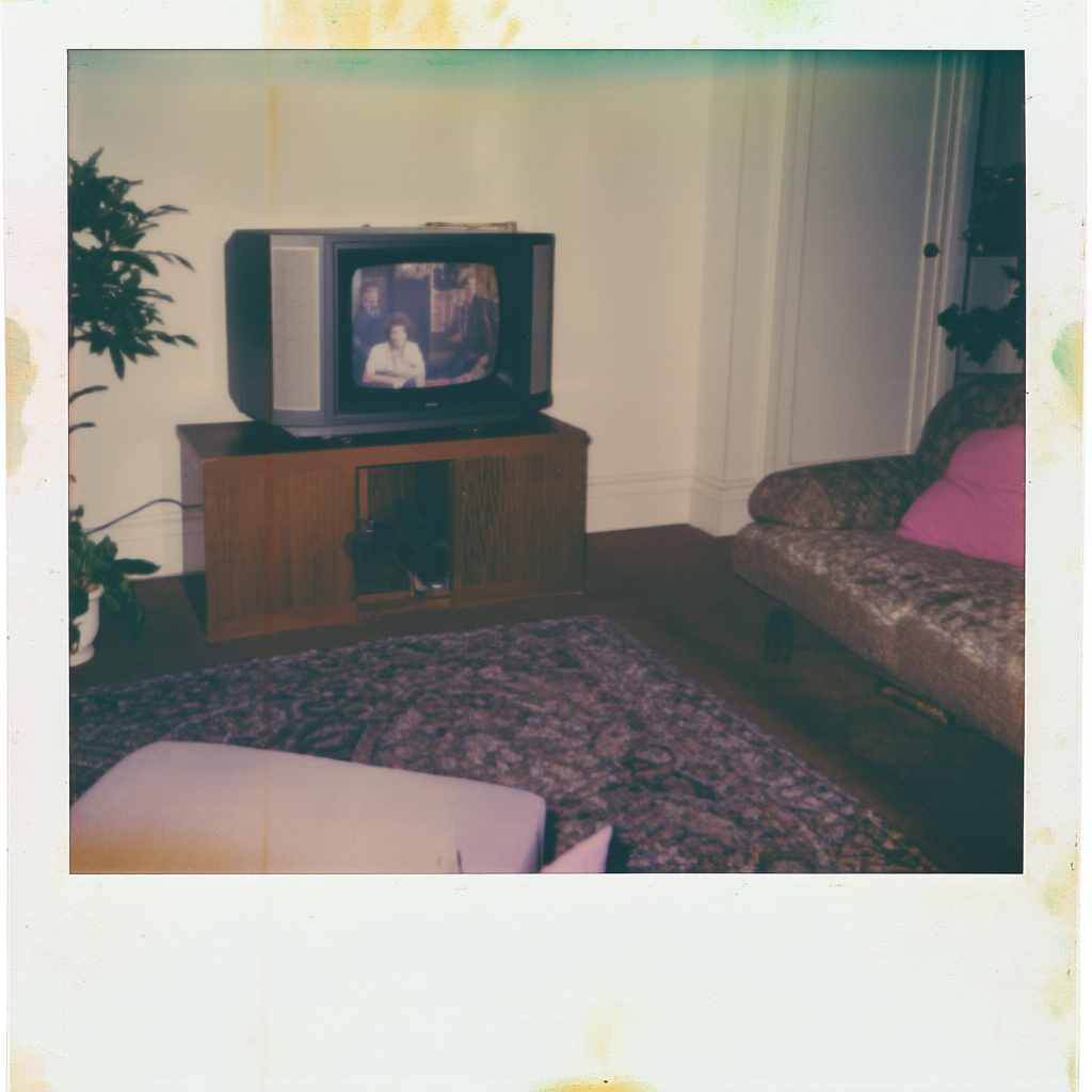 Qwen-Image AI generated artwork comparison - A blurry Polaroid photo capturing a scene in the 1980s. The photo features a cozy living room with a...