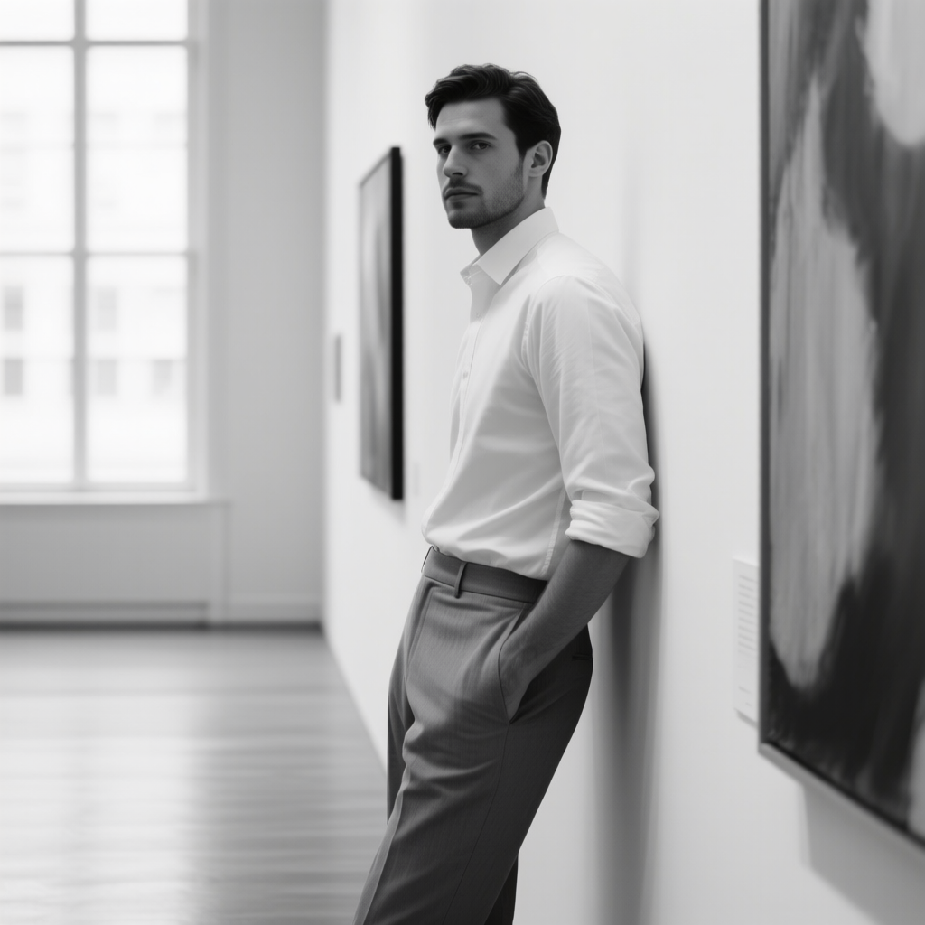Qwen-Image AI generated artwork comparison - Black and white photography, man leaning against white wall in a minimalist gallery, wearing white s...