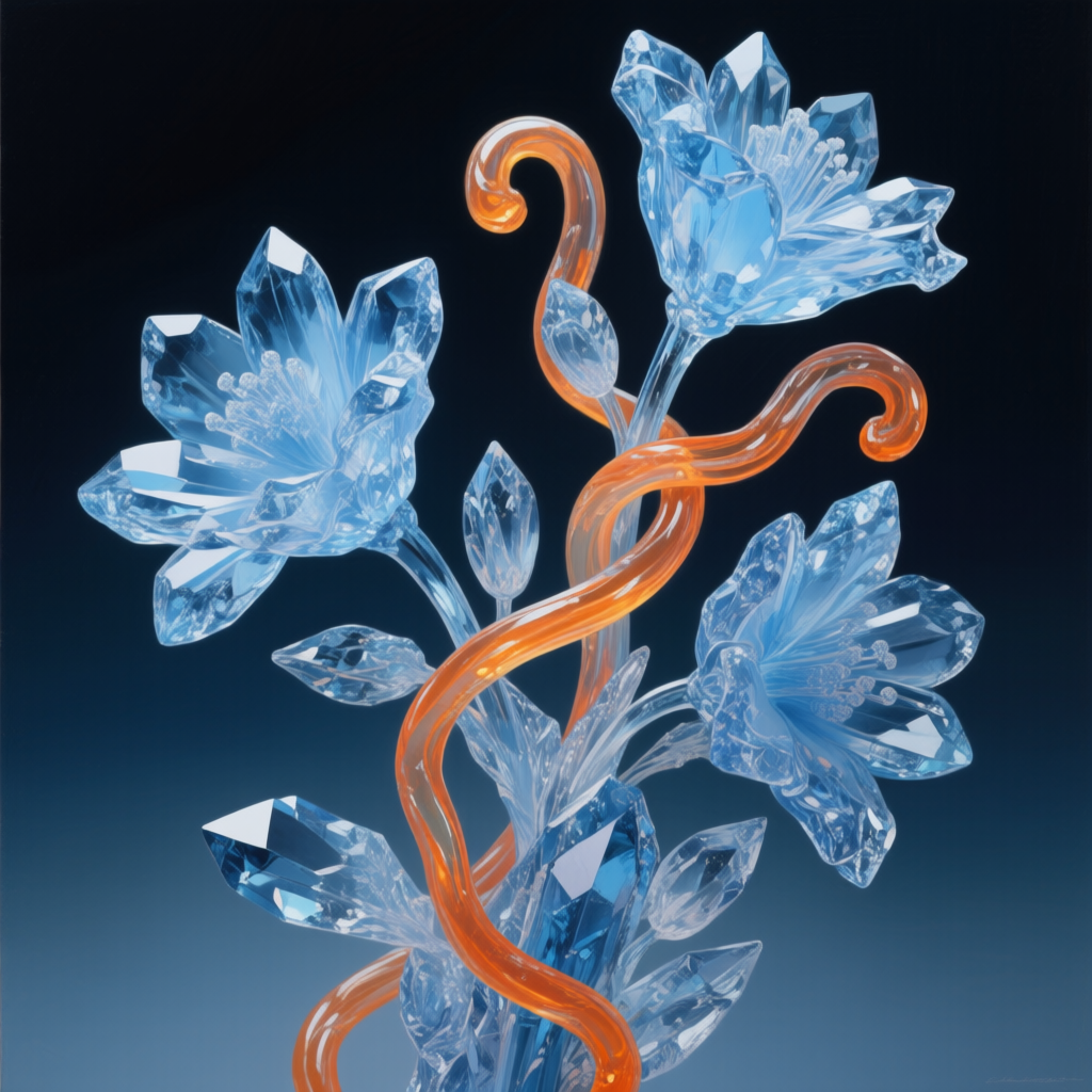 Qwen-Image AI generated artwork comparison - Hyper-realistic still life painting, icy blue crystal-like flowers intertwined with translucent oran...