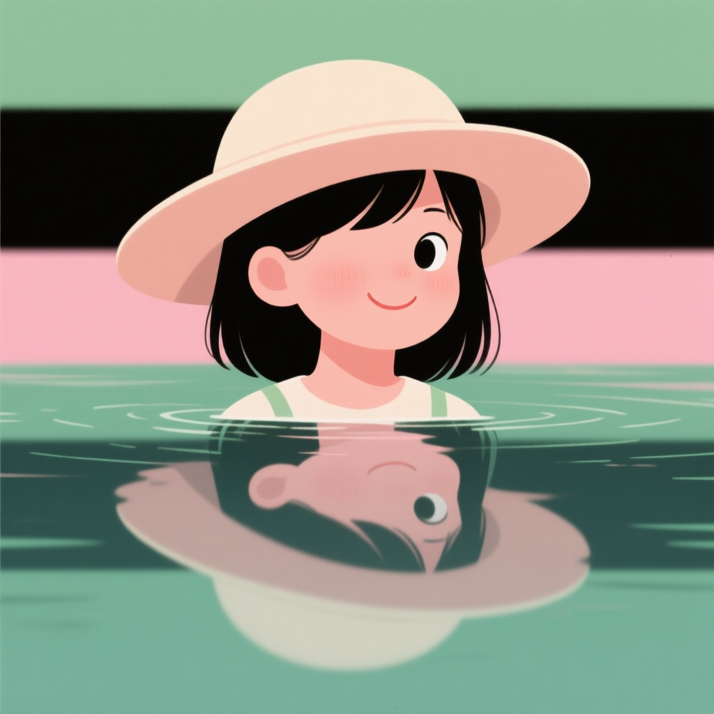 Qwen-Image AI generated artwork comparison - A warm and soothing flat illustration featuring a young girl with a gentle smile, her single eye pee...