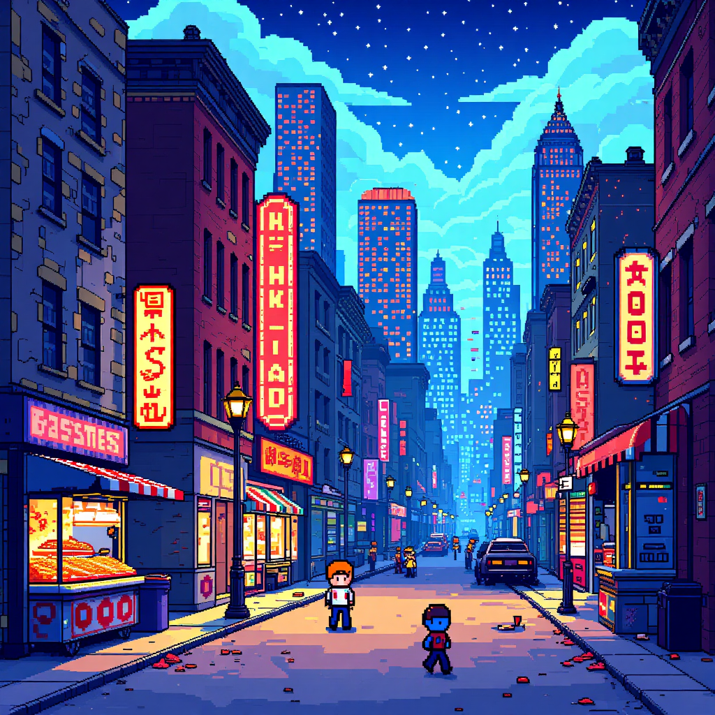 HiDream-full-fp8 AI generated artwork comparison - featuring a bustling street with tall buildings, neon signs, and pixelated characters walking along ...