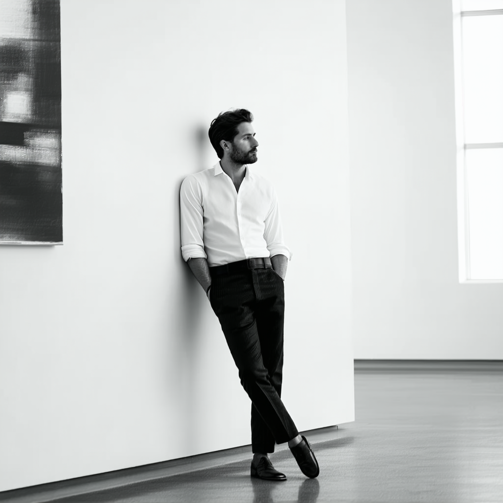 Stable-Diffusion-3.5 AI generated artwork comparison - Black and white photography, man leaning against white wall in a minimalist gallery, wearing white s...