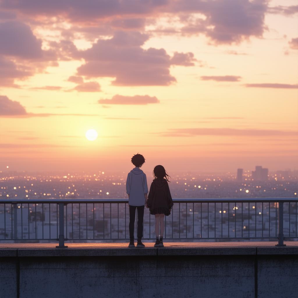 Stable-Diffusion-3.5 AI generated artwork comparison - At sunset, a teenage boy and girl stand on a city overpass, a gentle breeze flowing past them. Behin...
