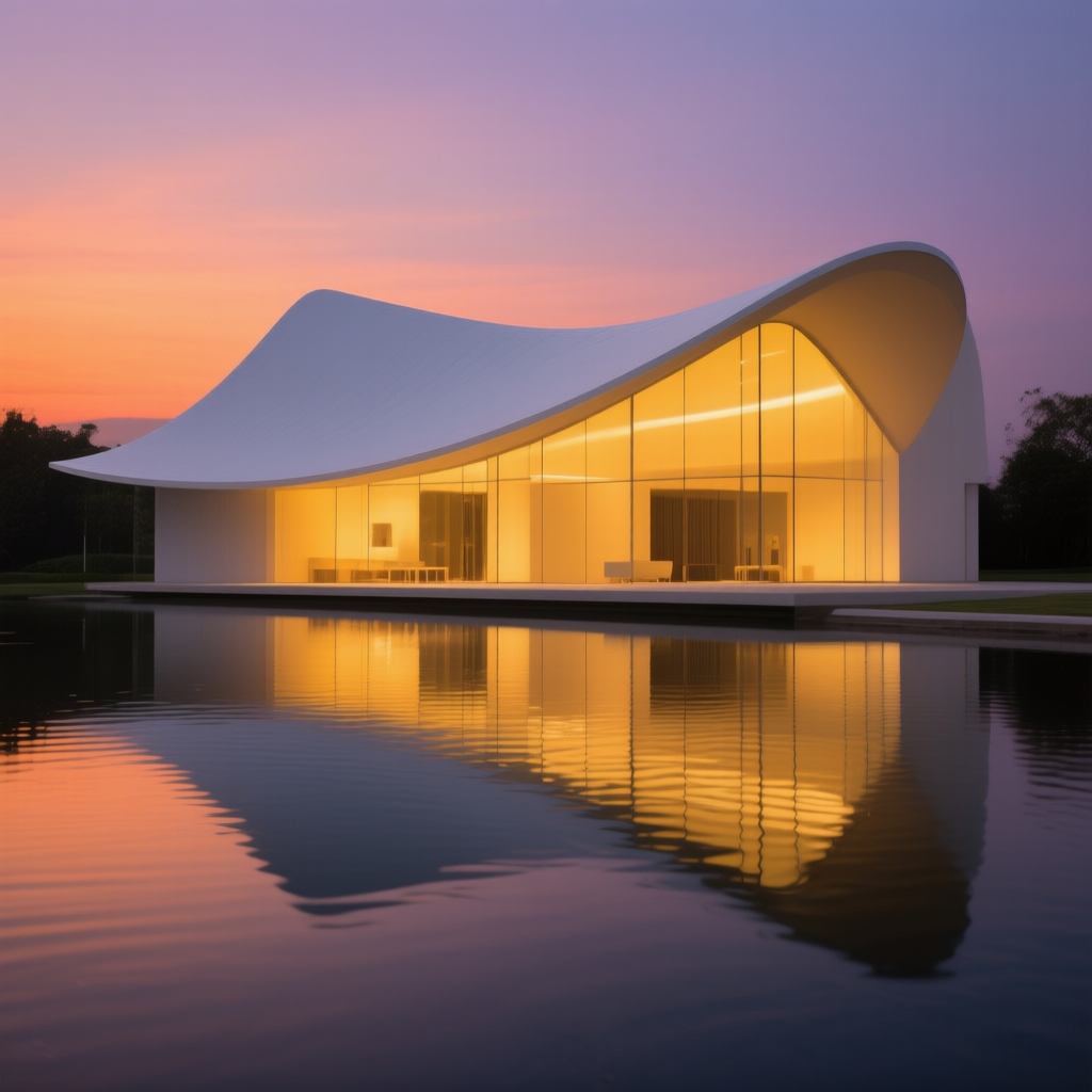Qwen-Image AI generated artwork comparison - A modern building with a white curved roof, its interior bathed in warm yellow lighting, full scene ...