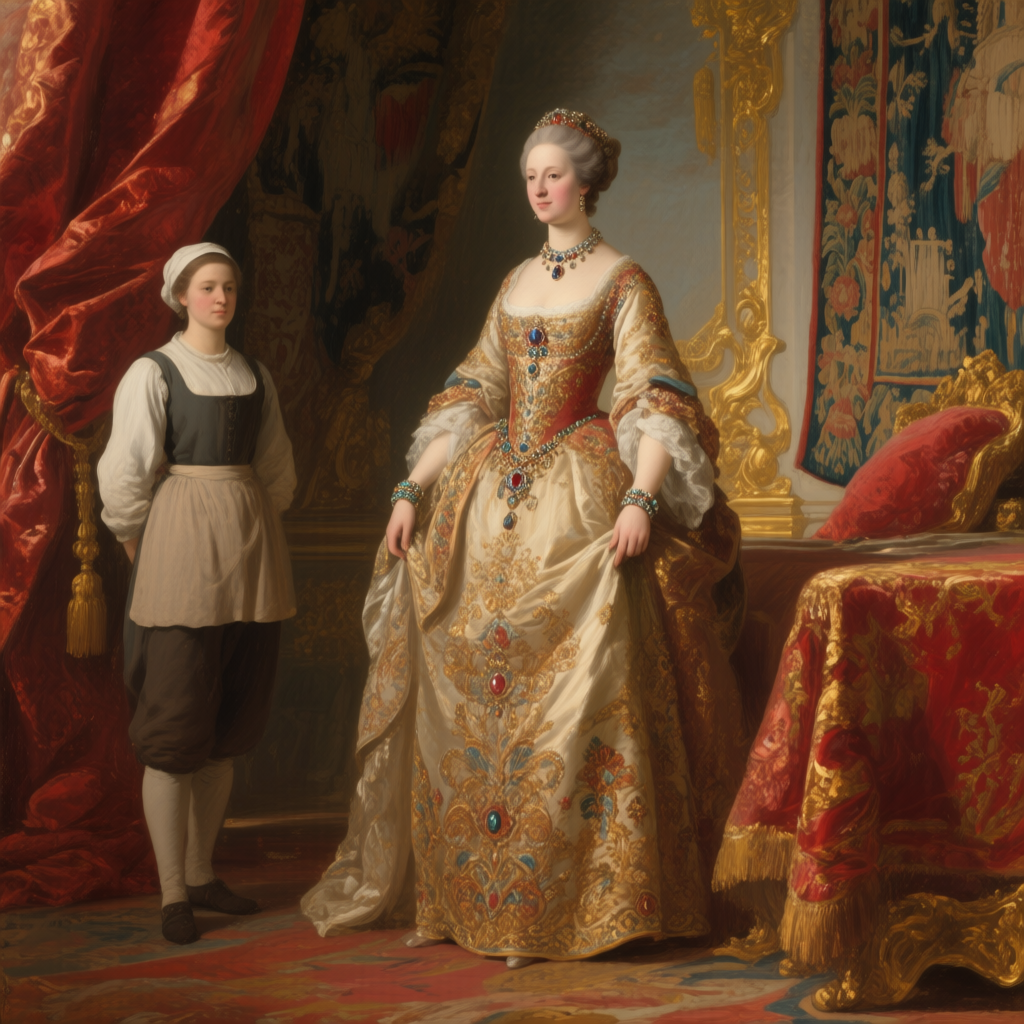 Qwen-Image AI generated artwork comparison - An oil painting of a noblewoman and her servant, set in an opulent 18th-century palace, the noblewom...