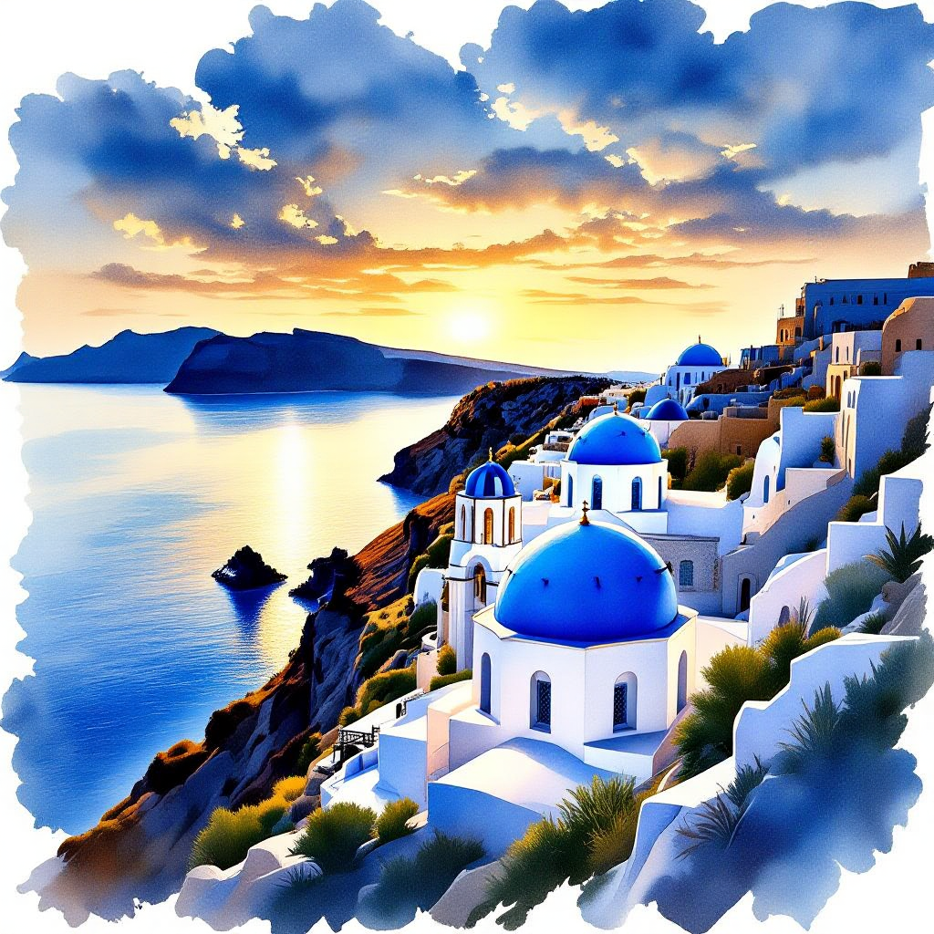 HiDream-full-fp8 AI generated artwork comparison - A watercolor painting of Santorini, capturing the iconic white-washed buildings with blue domes perc...