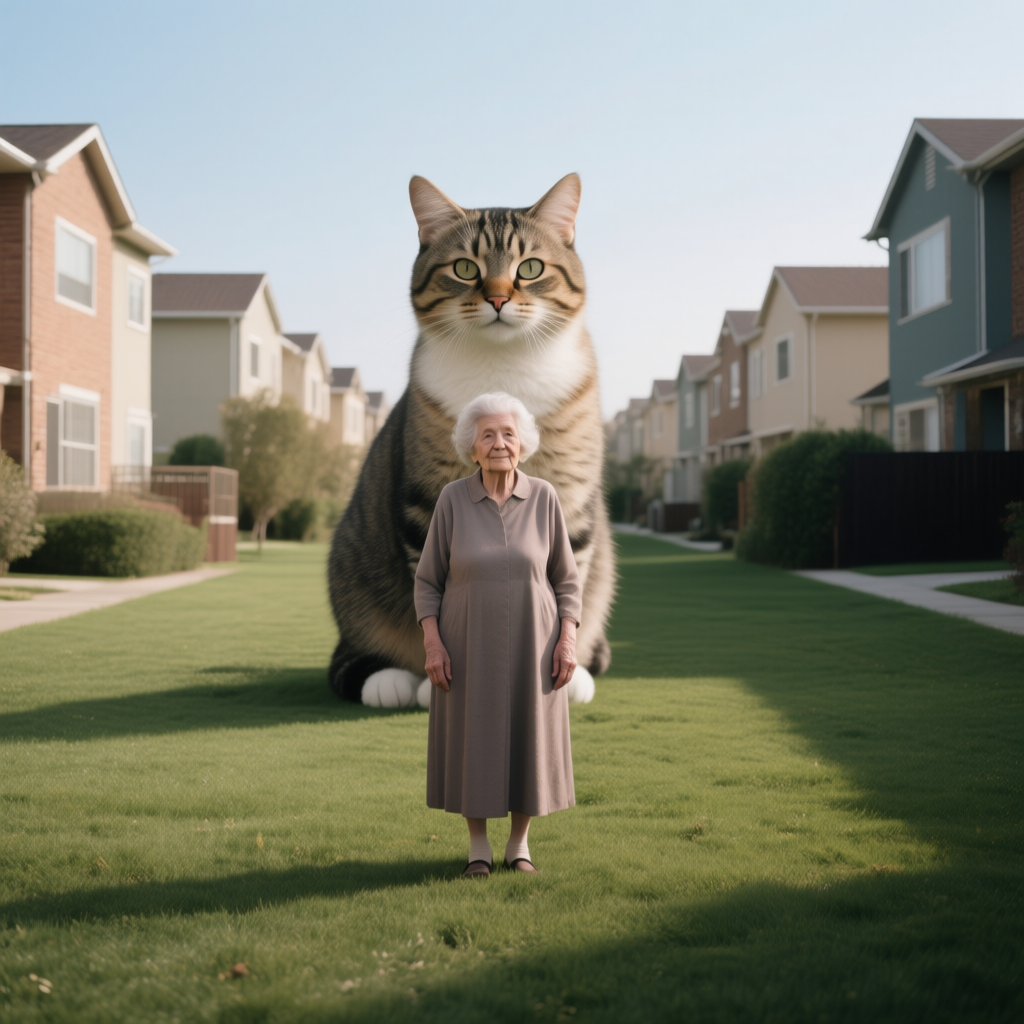 Qwen-Image AI generated artwork comparison - Elderly woman and giant cat standing in the center of a lawn, background residential buildings symme...