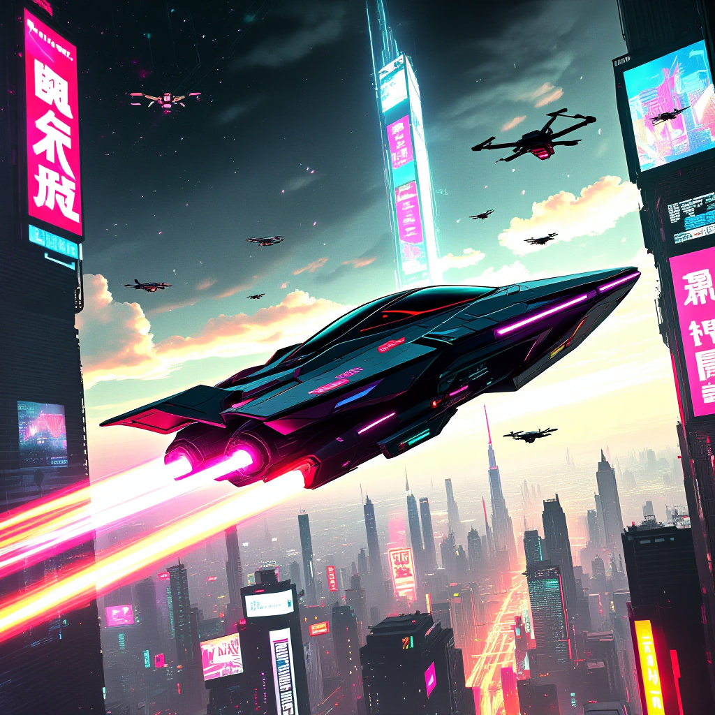 HiDream-full-fp8 AI generated artwork comparison - A cyberpunk-style flying vehicle soaring through a futuristic city, with a breathtaking and unconven...