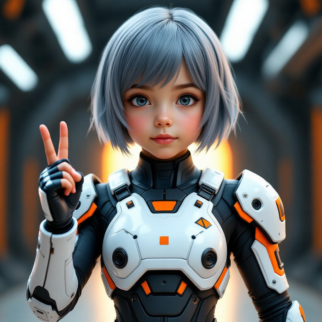 HiDream-full-fp8 AI generated artwork comparison - A cute young girl with short gray-blue hair, wearing a futuristic mech battle suit with a sleek whit...