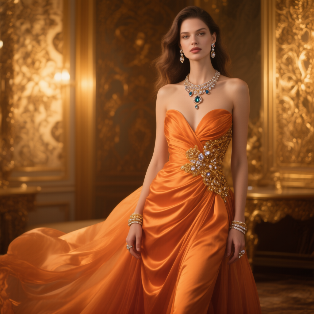 Qwen-Image AI generated artwork comparison - A stunning supermodel draped in an opulent, orange-toned gown, wearing exquisite jewelry, standing g...