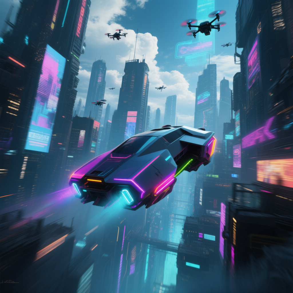 Qwen-Image AI generated artwork comparison - A cyberpunk-style flying vehicle soaring through a futuristic city, with a breathtaking and unconven...