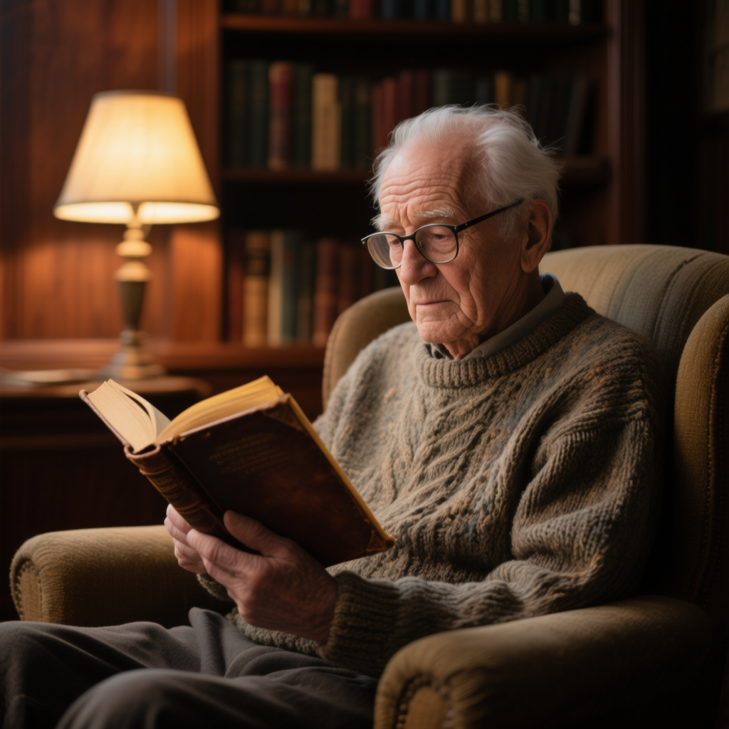Qwen-Image AI generated artwork comparison - An elderly man with glasses, sitting comfortably in a cozy armchair, reading a book with intense foc...