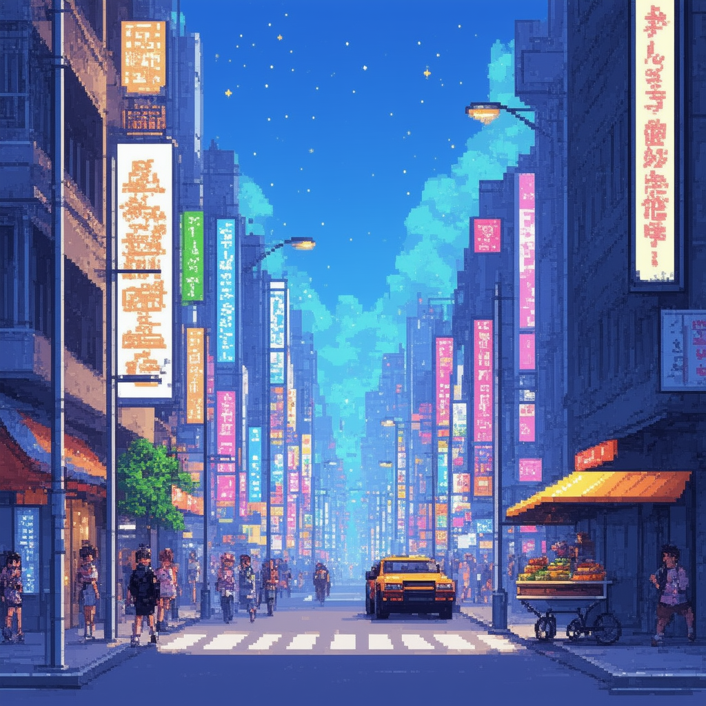 Stable-Diffusion-3.5 AI generated artwork comparison - featuring a bustling street with tall buildings, neon signs, and pixelated characters walking along ...