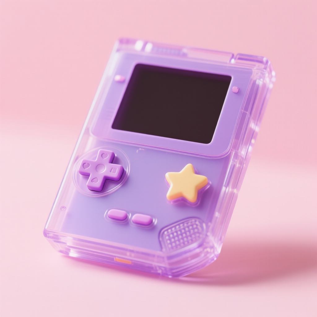 Qwen-Image AI generated artwork comparison - Transparent purple candy-colored retro handheld game console, heart and star-shaped buttons, pastel ...
