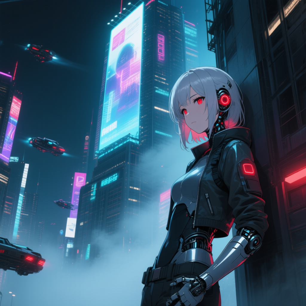 Qwen-Image AI generated artwork comparison - In a futuristic city at night, a silver-haired cyborg girl leans against a towering skyscraper benea...