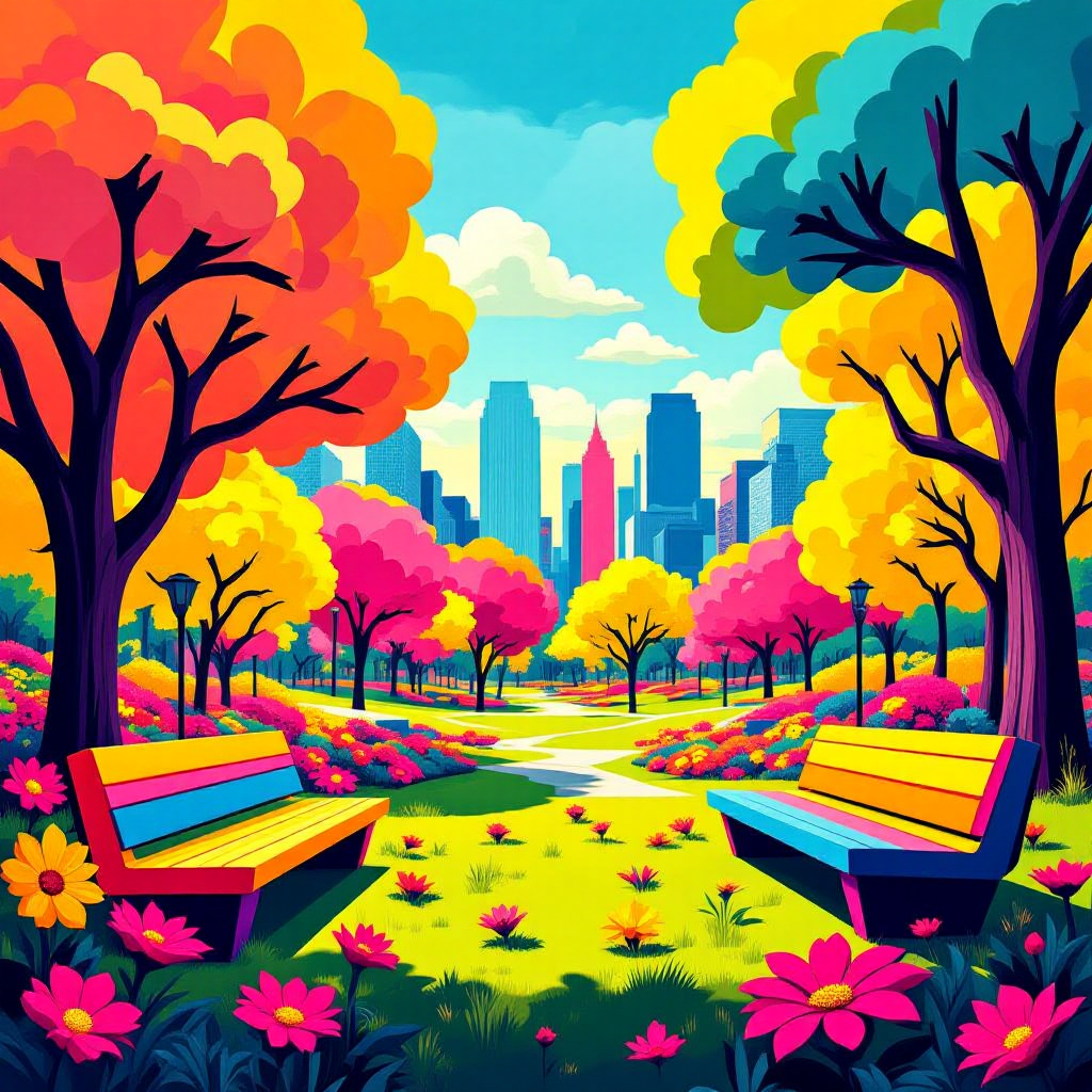 HiDream-full-fp8 AI generated artwork comparison - A pop art-inspired spring city park, vibrant colors with bold contrasts, full scene shot, digital pa...