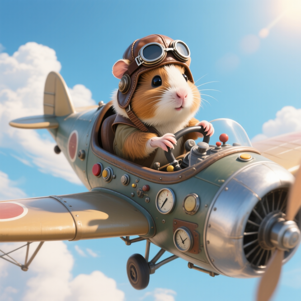 Qwen-Image AI generated artwork comparison - A cute guinea pig piloting a small airplane, sitting confidently in the cockpit with its tiny paws g...