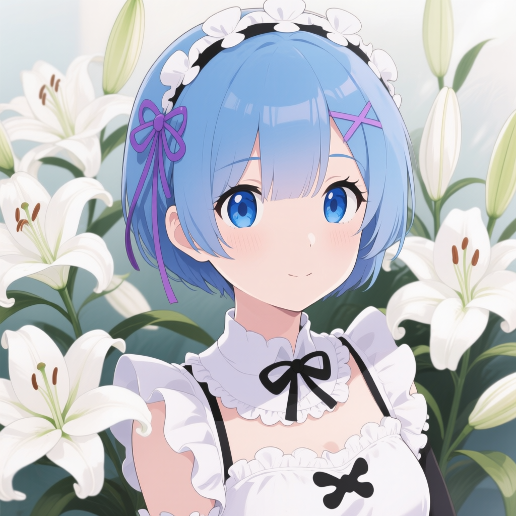 Qwen-Image AI generated artwork comparison - Anime girl Rem from Re:Zero - Starting Life in Another World, blue short hair with purple hair acces...