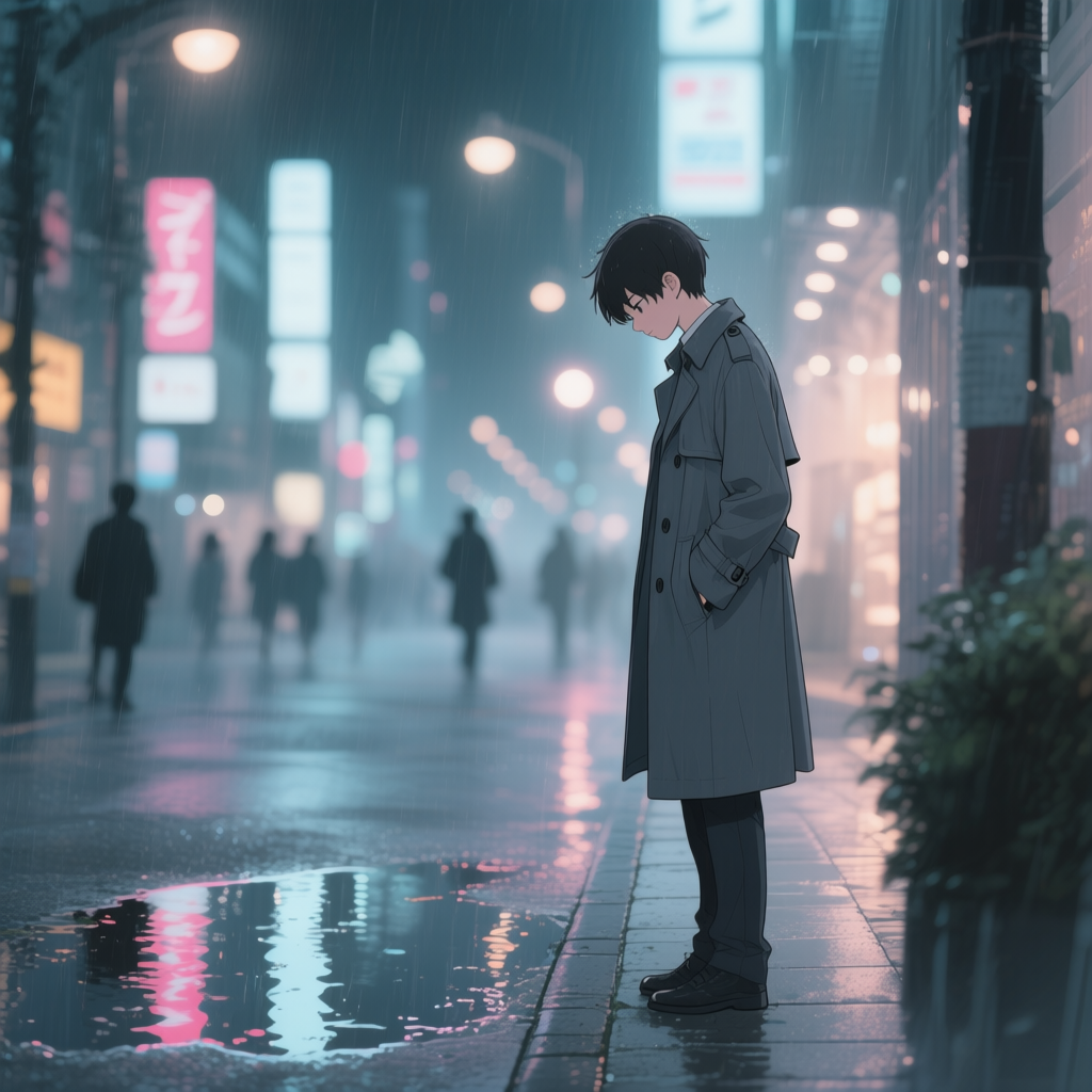 Qwen-Image AI generated artwork comparison - On a rainy night in the city, a teenage boy in a dark gray trench coat stands quietly on the sidewal...