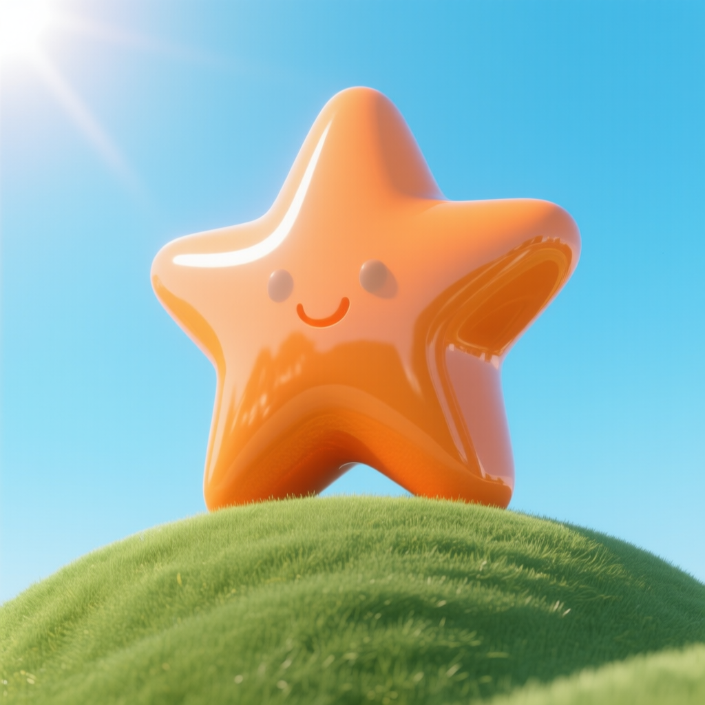 Qwen-Image AI generated artwork comparison - An orange glossy cartoon star-shaped sculpture standing atop a rounded green grassy hill, sunlight f...