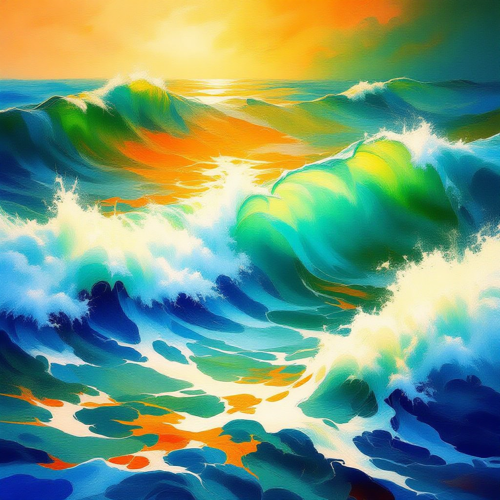 HiDream-full-fp8 AI generated artwork comparison - An impressionist painting of ocean waves, the colors vibrant and swirling in a dynamic mix of blues,...