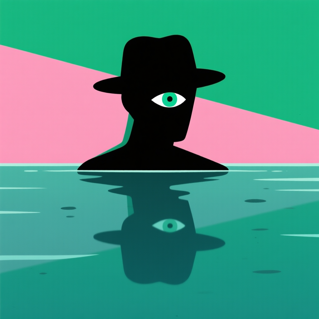Qwen-Image AI generated artwork comparison - A flat illustration with simplified shapes, featuring a single eye under a hat, with its reflection ...