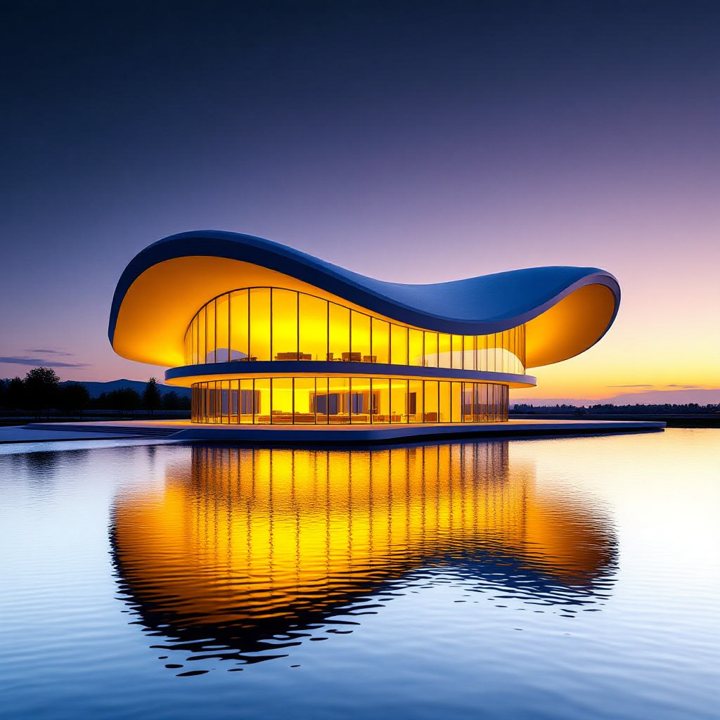 HiDream-full-fp8 AI generated artwork comparison - A modern building with a white curved roof, its interior bathed in warm yellow lighting, full scene ...