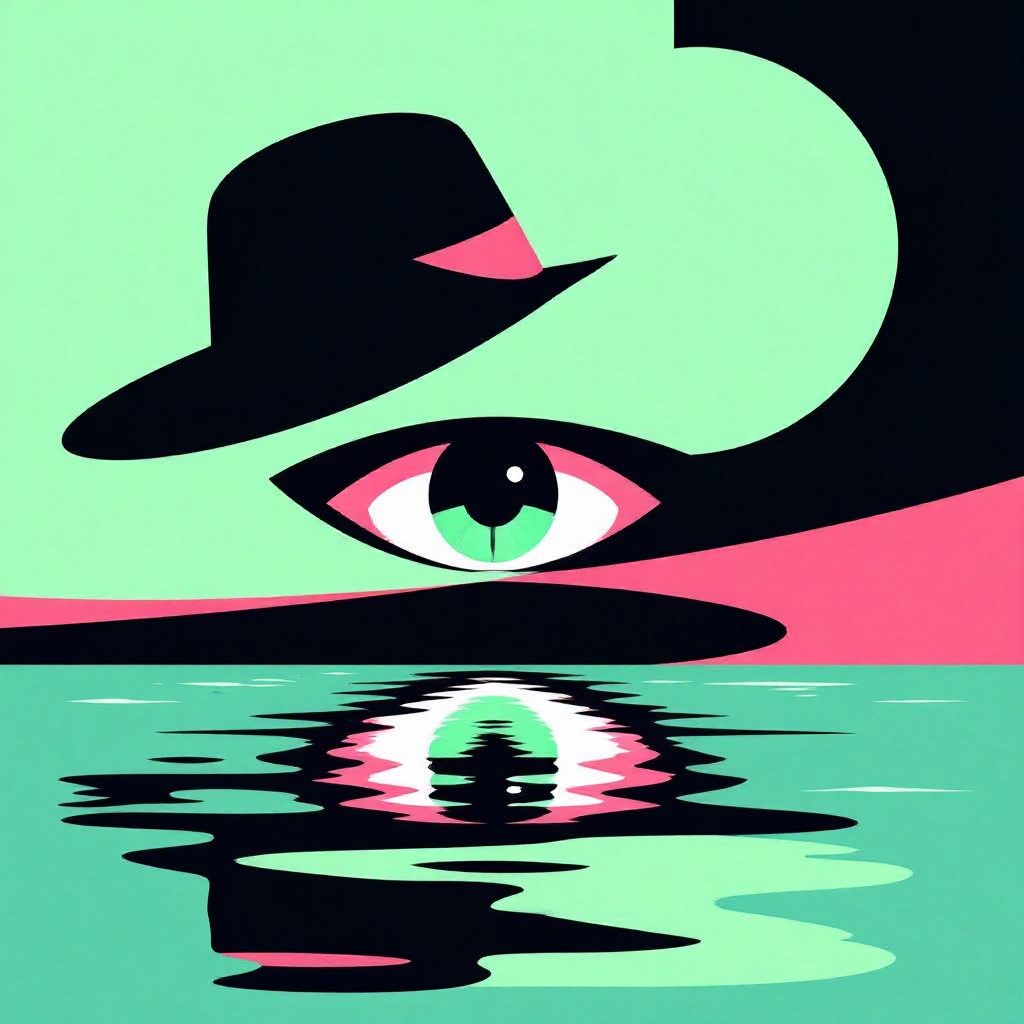 HiDream-full-fp8 AI generated artwork comparison - A flat illustration with simplified shapes, featuring a single eye under a hat, with its reflection ...